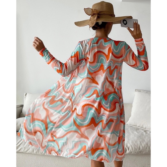 Retro 3 Pcs Set Orange Blue White Psychedelic Bikini & Coverup - Picture 2 of 15